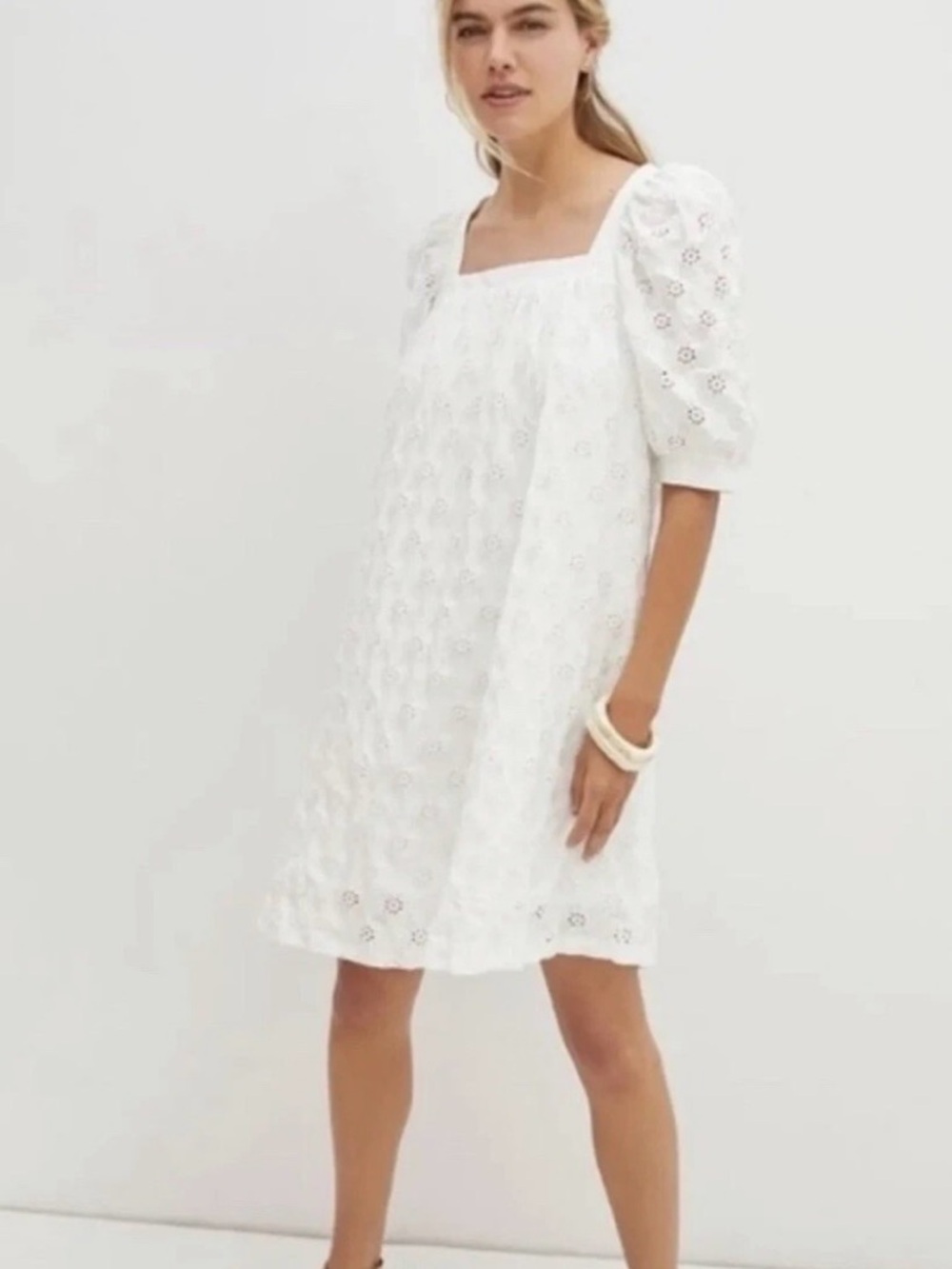 Maeve White Eyelet  Puff-Sleeve Mini Dress - Picture 2 of 4